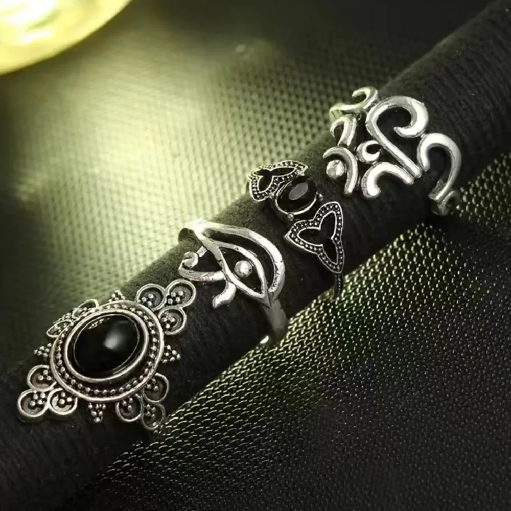 Boho Vintage Black Gemstone Geometric Ring Set 13pc - Picture 5 of 6